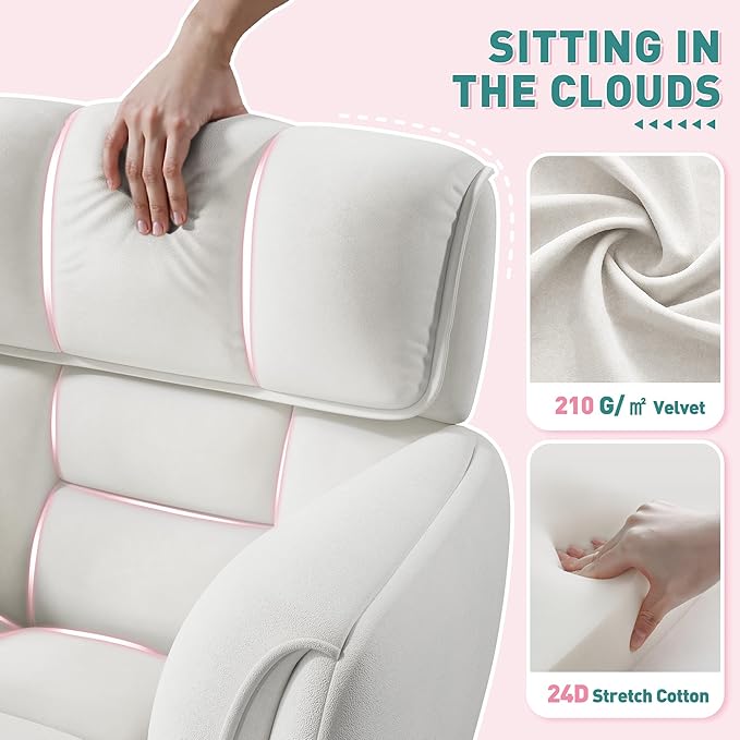 DurayLoly Home Office Chair with Wheels Soft-Touch Material,Modern Cute Vanity Chair with Back Adjustable Height Upholstered Comfy Desk Chairs with Side Pockets for Bedroom,White
