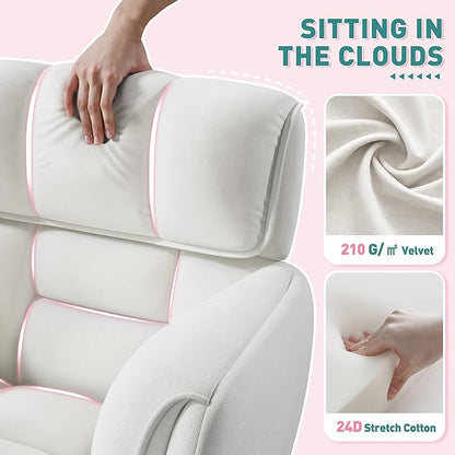 DurayLoly Home Office Chair with Wheels Soft-Touch Material,Modern Cute Vanity Chair with Back Adjustable Height Upholstered Comfy Desk Chairs with Side Pockets for Bedroom,White