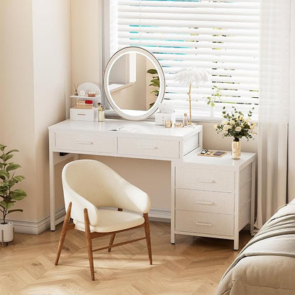 Unikito Reversible Computer Desk with 5 Drawers, Sturdy Office Desk with Power Outlets and USB Ports, Study Writing Table with File Cabinet & Printer Stand, Vanity Desk with Storage, White