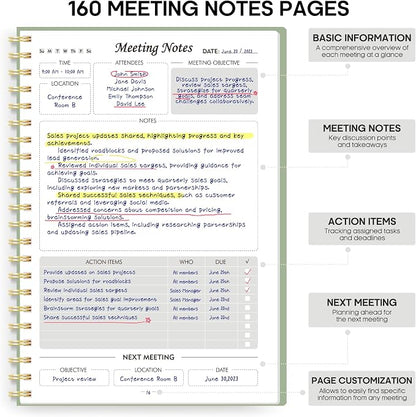 Meeting Notebook for Work Organization - Work Planner Notebook with Action Items, Agenda Planner for Note Taking, 160 Pages (6.9" X 9.9") Project Organizer for Men & Women - Green