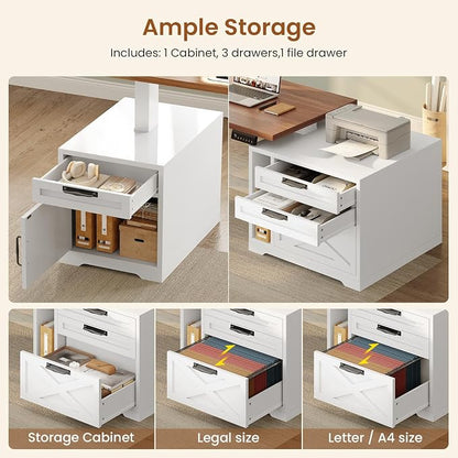SEDETA Farmhouse L Shaped Standing Desk, 70.1" x 73.2" Height Adjustable Home Office Executive Desk with Drawers, Power Outlet, Monitor Stand, Sit Stand Table with Led Lights for Home Office, White