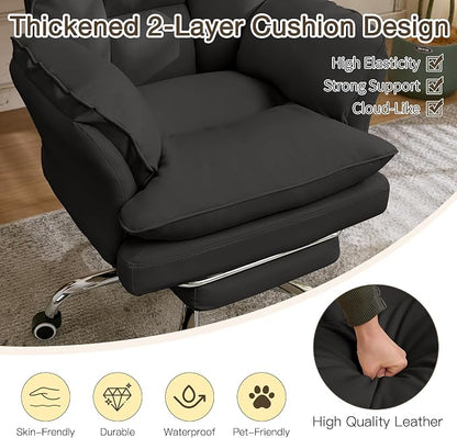 Cloud Cross Legged Office Chair with Footrest,Leather Big and Tall Executive Ergonomic Chair, Flip Armrests for Pets,155° Reclining Computer Wide Desk Chair for Home,Office (Black)