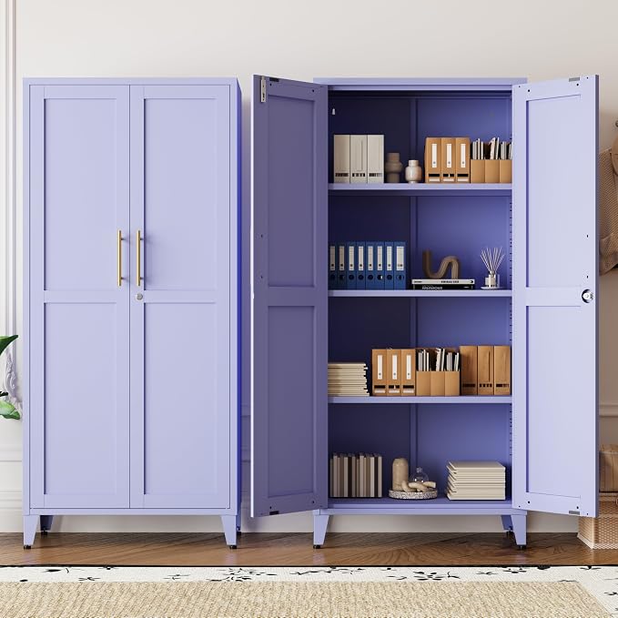Metal Storage Cabinet with Lock,Purple Steel Tool Cabinet with 3 Adjustable Shelves,61 Tall Freestanding Heavy Duty Garage Locker for Laundry Living Room Bedroom