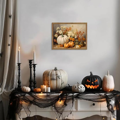Framed Fall Pumpkin Wall Art - White Pumpkin and Autumn Floral Canvas Print, Rustic Farmhouse Harvest Halloween Thanksgiving Wall Decor for Living Room Bedroom Dining Room, 12x16in Wood Frame