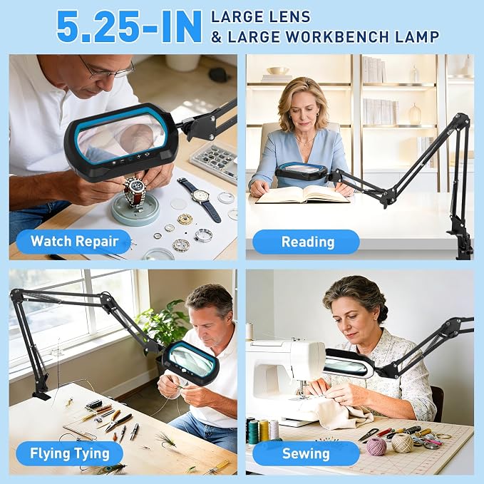 HITTI 12X Square Magnifying Glass with Light and Clamp, Hands-Free Lighted Stand with Ultra Long 3-Section Arm | 5 Color Modes & Stepless Dimming LED Desk Lamp for Workbench,Modelling,Puzzle-Blue