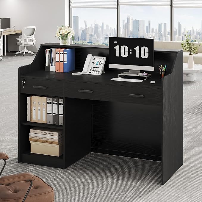 Reception Desk with Counter, Front Desk with 3 Drawers and Storage Cabinet, 47 inch Modern Retail Counter with Cable Grommet for Checkout, Barber, Beauty Salon, Home Office