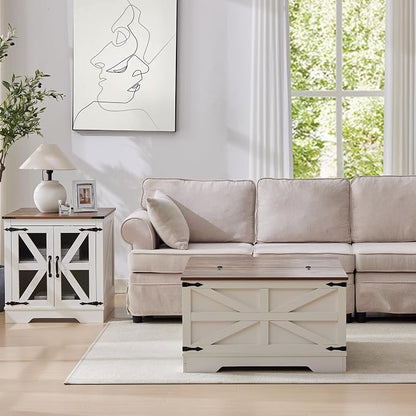 Farmhouse End Table Set with Charging Station, Living Room Tables with Hidden Storage, Wood Square Sofa Bedside Tables, Night Stand with Power Outlet and Door, White