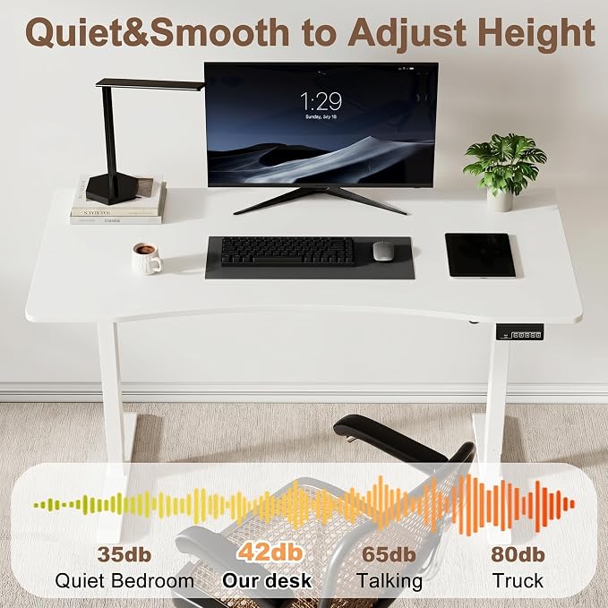 Solid Wood Electric Standing Desk 55"x23.6"Home Office Desk,Adjustable Workbench with 3 Stages Single Motor, Computer Workstation with T-Shaped Metal Bracket,White Standing Desk for Gaming(1 Box)