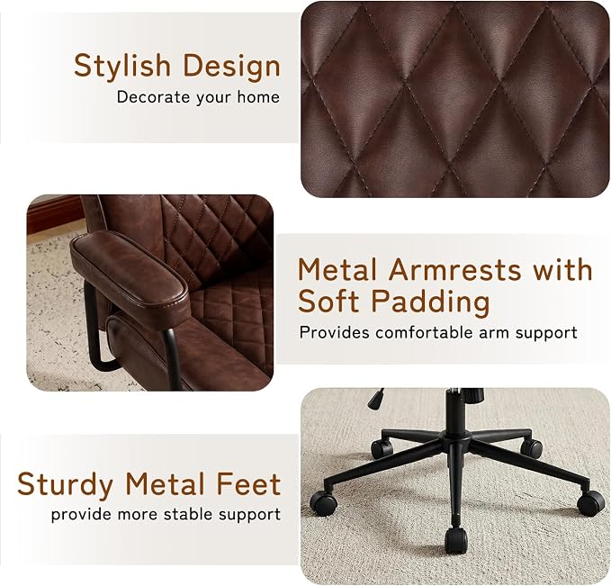 Furniliving Leather Office Chair, Comfy Home Office Desk Chair, Mid Century Modern Office Chair with Lumbar Support, Mid-Back Adjustable Swivel Computer Chair with Wheels and Arms, Dark Brown