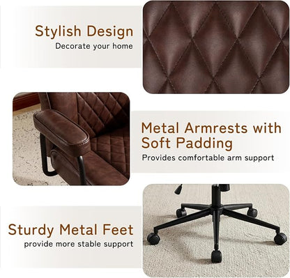Furniliving Leather Office Chair, Comfy Home Office Desk Chair, Mid Century Modern Office Chair with Lumbar Support, Mid-Back Adjustable Swivel Computer Chair with Wheels and Arms, Dark Brown
