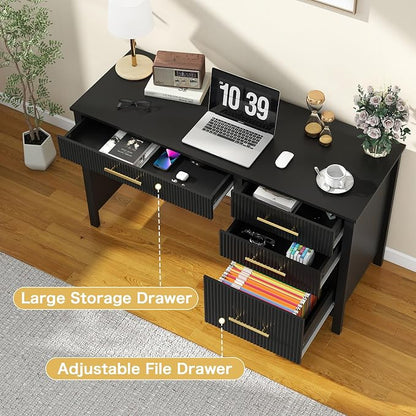 Modern Executive Desk with Drawers: 54 Inch Black Home Office Desks with File Drawer, Wood Fluted Desk with Storage, Writing Computer Desks with 4 Drawers