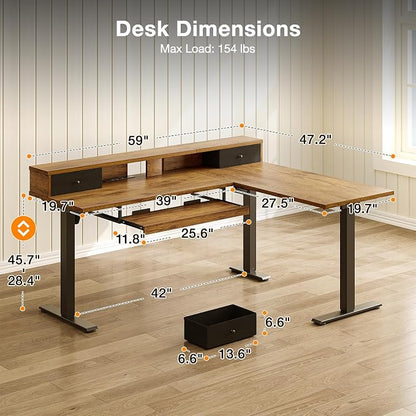 Casaottima 59 Inch Electric L-Shaped Standing Desk with Drawers, Height Adjustable Stand Up Corner Desk with Monitor Stand & Keyboard Tray, Lift Table for Home Office, Workstation, Rustic Brown