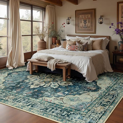 RELEANY Area Rugs Large 10'x14' Washable Non-Slip, Floral Vintage Distress Medallion Carpet for Living Room Bedroom Dining Room, Dark Blue Vintage
