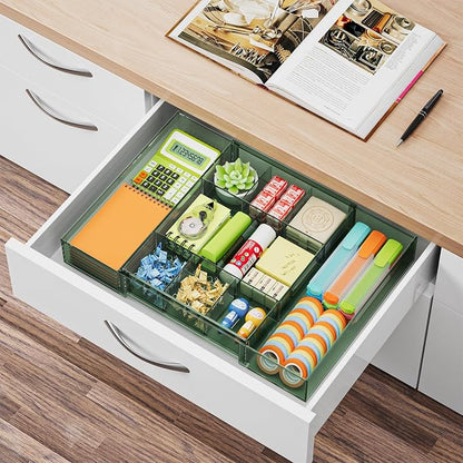 Marbrasse Expandable Desk Drawer Organizer, Clear Plastic Drawer Organizer Tray with 10 Adjustable Compartments, Desk Organizers and Accessories, 5 Drawer Dividers for Office Supplies(Clear Green)