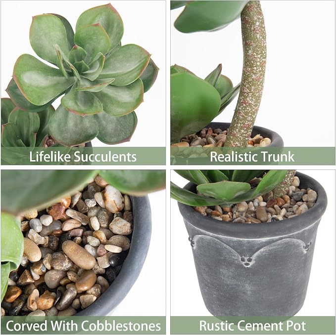 Hollyone Large Artificial Succulent Plants Fake Two-Head Succulents Agave Plant Potted 13" Faux Plant in Vintage Cement Pot Succulent Aloe Indoor for Home Office Living Room Table Shelf Decor