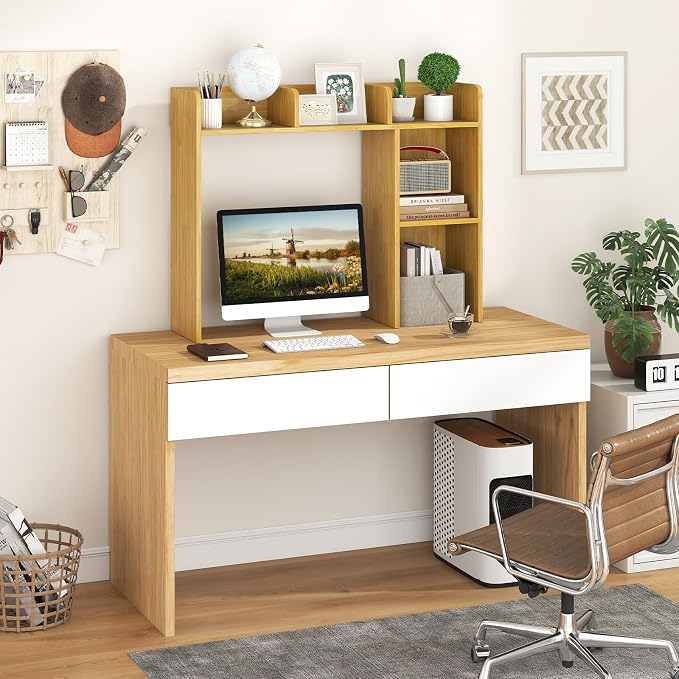 GOFLAME 5 Shelves Desktop Bookshelf, Wood Desk Hutch Dorm for Computer Desk, Countertop Display Rack, 3-Tier Desk Storage Organizer Shelf for Dormitory, Home Office, Study, Burlywood