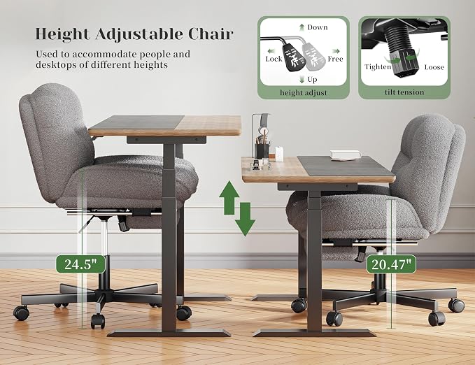 DurayLoly Cross Legged Office Chair with Foot Rest, 6.3" Thick Cushioned Criss Cross Chair with Wheels, Height Adjustable Swivel Vanity Chair for All-Day Comfort (Grey)