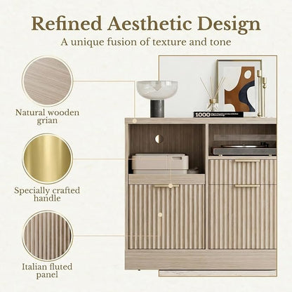 3 Drawer File Cabinet, Fluted Filing Cabinet for Home Office with Charging Station, Wooden Office Cabinet Fits for A4/Letter-Sized Files, Printer Stand with Storage Shelves, Light Oak