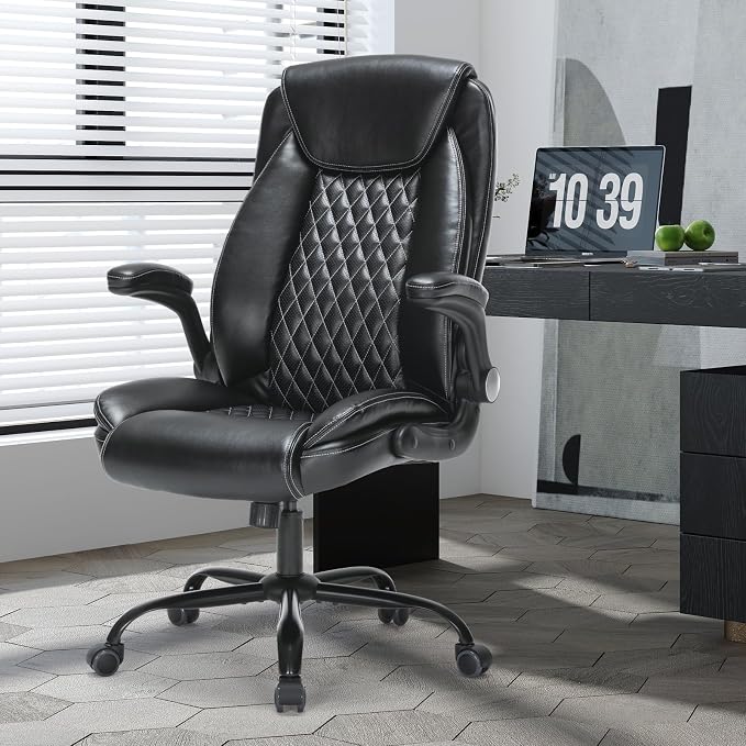Heavy-Duty Executive Office Chair with Ergonomic Design, 300LBS PU Leather Chair with Adjustable Lumbar Support, 360° Swivel, Reclining Backrest, and Flip-Up Armrests for Big and Tall People(Black)