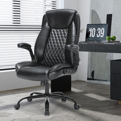 Heavy-Duty Executive Office Chair with Ergonomic Design, 300LBS PU Leather Chair with Adjustable Lumbar Support, 360° Swivel, Reclining Backrest, and Flip-Up Armrests for Big and Tall People(Black)