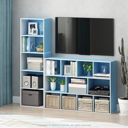 Furinno LUDER Book Shelf, 5-Tier Bookshelf, Bookcase with Open Shelves, 9.4 x 15.8 x 52, Easy Assembly, for Living Room, Bedroom, Home Office, White/Light Blue