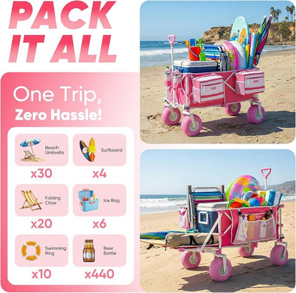 Sekey Heavy Duty Beach Wagon with 9" Big Sand-Proof Wheels, 300L Oversized Foldable Beach Cart with Cooler| Adjustable Handle & Balloon Tires for Sand, Camping,Vacation
