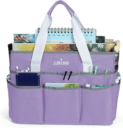 JJRING Craft Organizer Tote Bag, Large Art Storage Caddy with Multiple Pockets, Lilac Sewing Bag for Art, Craft, Scrapbooking, Medical, and Office Supplies Storage