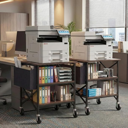 Large Printer Stand with Storage Bag, Rolling Printer Cart with Power Outlet, 3 Tier with Height Adjustable Storage Shelf, 23.6 x 23.6 Inches Printer Table for Home Office