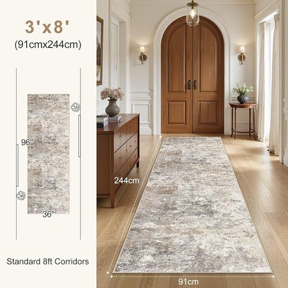 UERMEI 3x8 Washable Runner Rug for Hallway, Non Slip Low Pile Kitchen Carpet, Neutral Modern Abstract Indoor Floor Mat for Entryway Laundry, Kid & Pet Safe High Traffic Area, Brown Grey