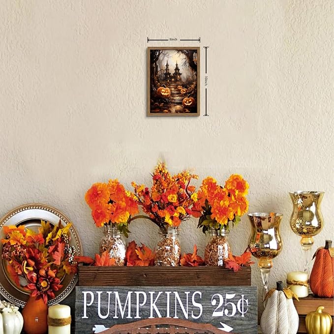 Framed Vintage Halloween Wall Art - Spooky Haunted House Canvas Print, Gothic Halloween Wall Decor, Fall Pumpkin Picture Painting for Living Room Bedroom Home, 8x10in Wood Frame