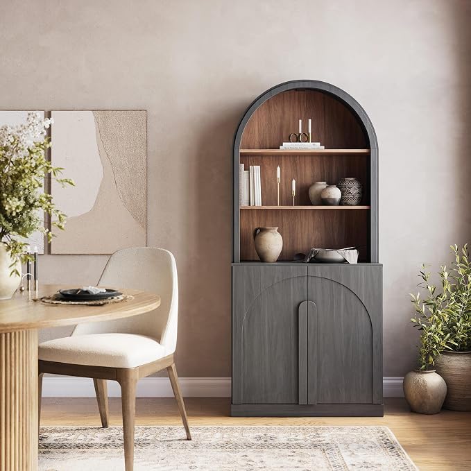 BELLEZE 71" Tall Storage Cabinet with Arched Hutch, Wooden Sideboard Buffet Cabinet with Adjustable Shelves for Pantry Organizing, 5-Tier Modern Storage Unit for Living Room Home Office, Ebony