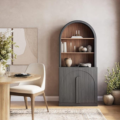 BELLEZE 71" Tall Storage Cabinet with Arched Hutch, Wooden Sideboard Buffet Cabinet with Adjustable Shelves for Pantry Organizing, 5-Tier Modern Storage Unit for Living Room Home Office, Ebony