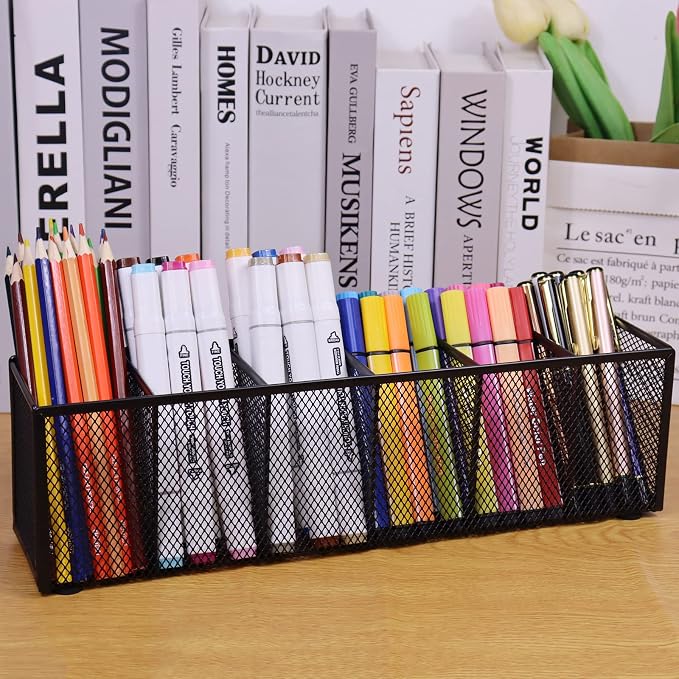 Black Mesh Pen Pencil Holder, Small Metal Desk Organizer Desktop Stationery Office Supplies Acessories Storage Stand, 6 Compartments Brushes Holder for Home School Classroom Teachers