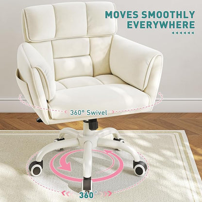 DurayLoly Vanity Chair with Wheels & Soft Velvet Fabric, Desk Chair Comfy with Back, Upholstered Home Office Chair with Side Pockets for Bedroom, Office, Make-up Room, Height Adjustable, Beige