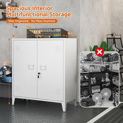 Metal Storage Cabinet 35.4”H Lockable Storage Cabinet (White) | With 2 Adjustable Shelves and Doors, White Small Storage Cabinet for Home Warehouse Office Garage