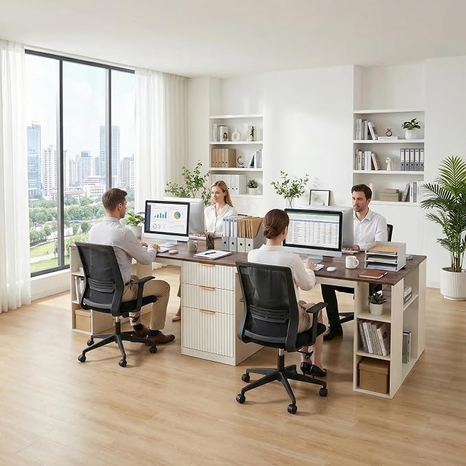 NORTHSKY 96.5" 2 Person Desk with Power Outlet & USB Ports, Double Computer Desk with Drawers & Storage Shelves, Modern Fluted Home Office Desk, White