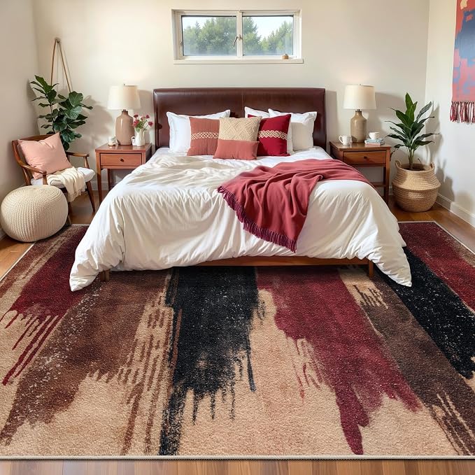 Ciicool Modern Abstract Red Black Rug for Living Room, 8'x10' Machine Washable Area Rug Non-Slip Rug, Low-Pile Contemporary Indoor Dining Floor Carpet for Bedroom Office Under Table Home Decor