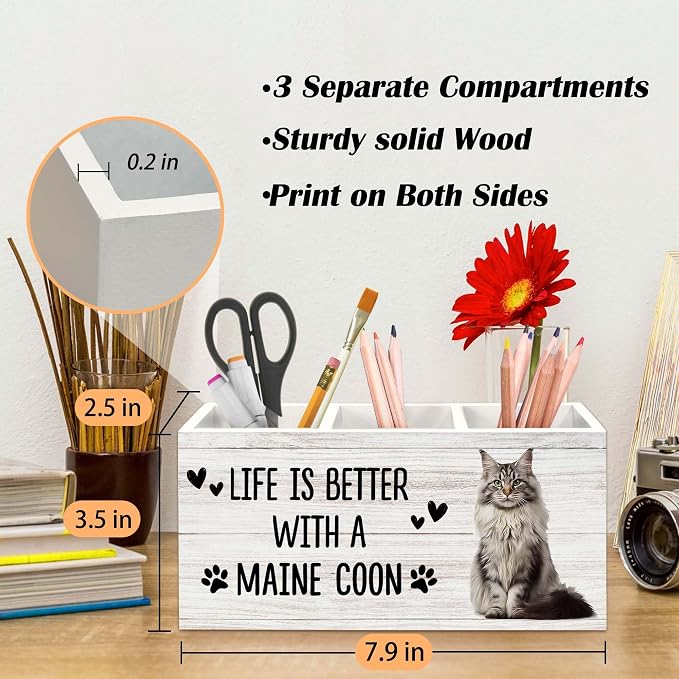 Maine Coon Cat Gifts Pen Holder for Desk, Gifts for MaineCoon Lovers Owners Pencil Organizer, Life is Better with A Maine Coon Cat Wood Pen Holder Desk Accessories Decor for Home Office