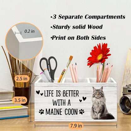 Maine Coon Cat Gifts Pen Holder for Desk, Gifts for MaineCoon Lovers Owners Pencil Organizer, Life is Better with A Maine Coon Cat Wood Pen Holder Desk Accessories Decor for Home Office