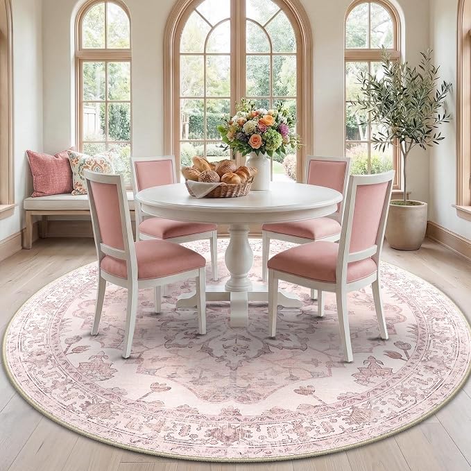 RELEANY Area Rugs Round 7ft Washable Non-Slip, Floral Vintage Distress Medallion Carpet for Living Room Bedroom Dining Room, Pink Greypink Cute