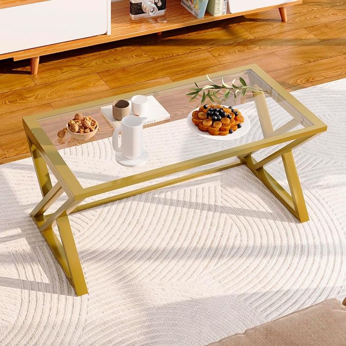 Wolawu Coffee Table Gold Glass Coffee Table for Living Room,Modern Rectangular Center Table with Sturdy Metal Frame,Tempered Glass Table Tea Tables for Bedroom Home Office