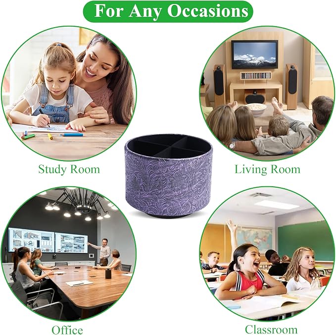 lizimandu Round Leather Art Supply Organizer,Remote Control Holder,360 Degree Spinning,Multi-Functional Pencil Holder,4 Compartments Desktop Stationary Organizer(1-Carved Metal Purple)