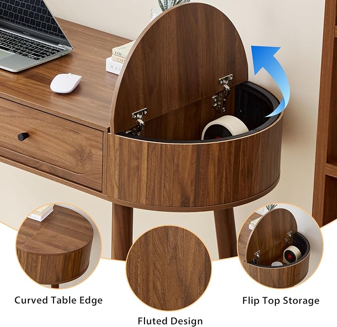 Mid-Century 59" Wood Writing Desk, Home Office Computer Laptop Desk with 2 Flip Storage Space + 2 Drawer, 150 CM Elegant Fluted Vanity Table Multifunctional Study Desk for Office, Bedroom (Wlanut)