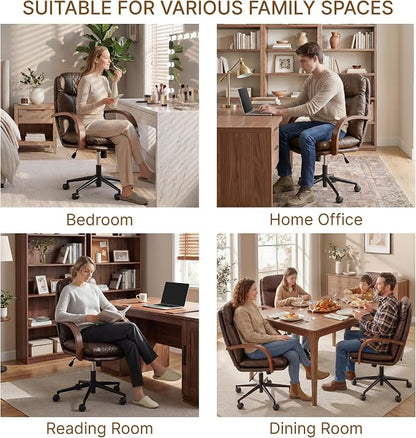 KISLOT Home Office Desk Chair, Ergonomic Office Chair with Lumbar Support, Adjustable Swivel Computer Chair with Wheels, Faux Leather Executive Task Chair with Wood Arms, Set of 2, Espresso