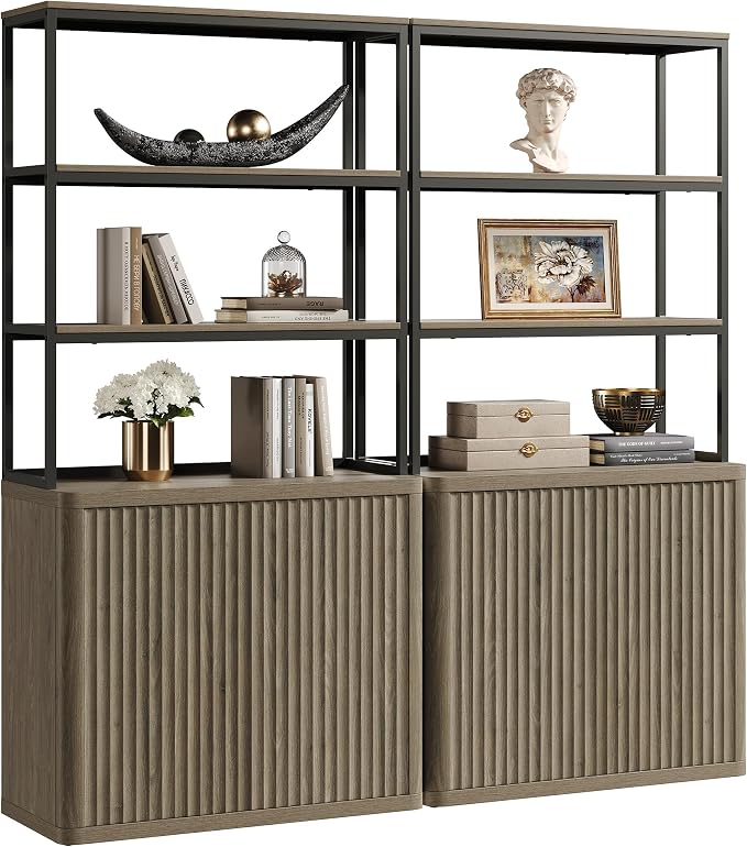 SICOTAS Book Shelf Fluted Bookshelf 71" Tall Bookcase with Doors Storage 5 Tier Mid Century Modern Bookshelves Large Shelves Metal Book Cases for Living Room Office Kitchen Library