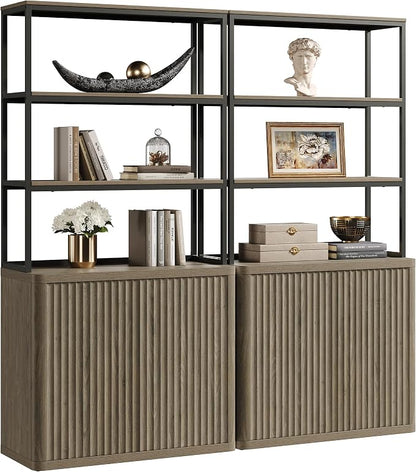 SICOTAS Book Shelf Fluted Bookshelf 71" Tall Bookcase with Doors Storage 5 Tier Mid Century Modern Bookshelves Large Shelves Metal Book Cases for Living Room Office Kitchen Library