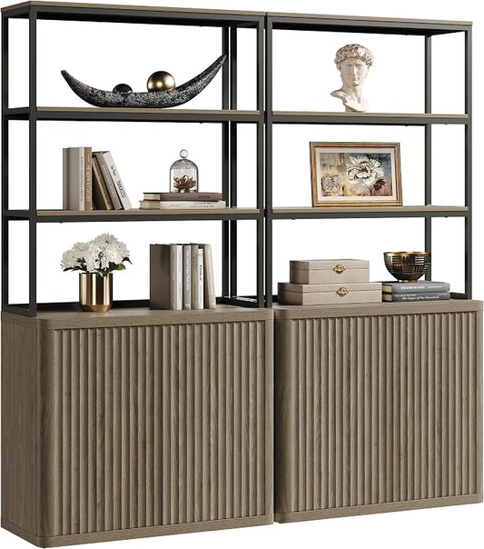 SICOTAS Book Shelf Fluted Bookshelf 71" Tall Bookcase with Doors Storage 5 Tier Mid Century Modern Bookshelves Large Shelves Metal Book Cases for Living Room Office Kitchen Library