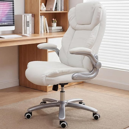 GYI Big and Tall 400lb Office Chair, Leather Executive Desk Chair, White | 24"Wide Seat, High Back, Space-Saving Flip-up Arms, Lumbar Support, Heavy Duty Base, Home, Conference Room