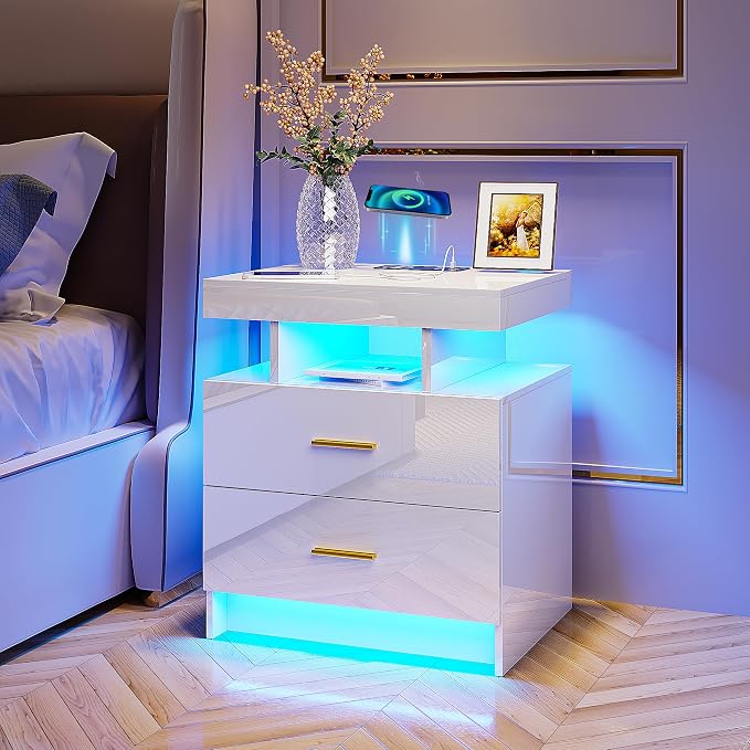 HNEBC Auto LED Nightstand with Wireless Charging Station & USB Ports,High Gloss Bedside Tables with 2 Drawers,Floating Nightstand with 3 Color & Adjustable Brightness for Bedroom,White