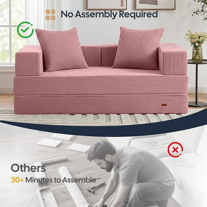 COMAX Futon Sofa Bed, 4‑in‑1 Convertible Sofa Bed, Folding Boneless Couches | Boneless Couch for living room, Fold Out Small Foldable Loveseat Floor Sleeper Mattress Lounge Space‑Saving, Pink
